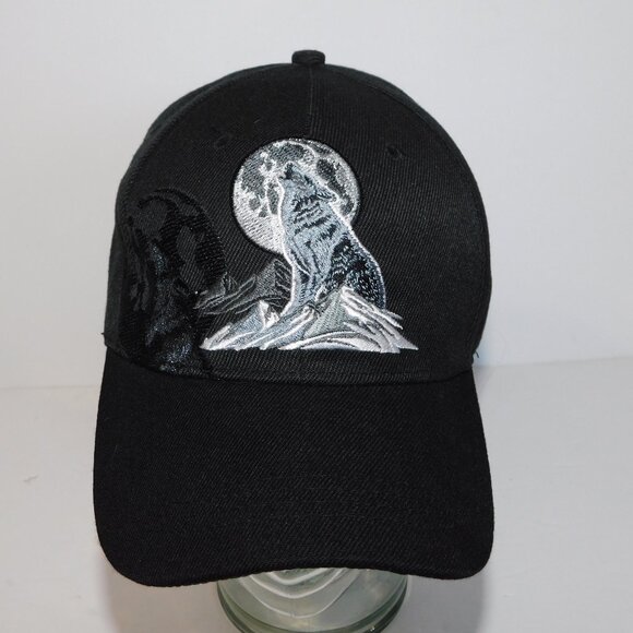 Country Leather Black Gray Silver WOLF Howling at Moon Embroidered Hat Cap - Picture 2 of 8